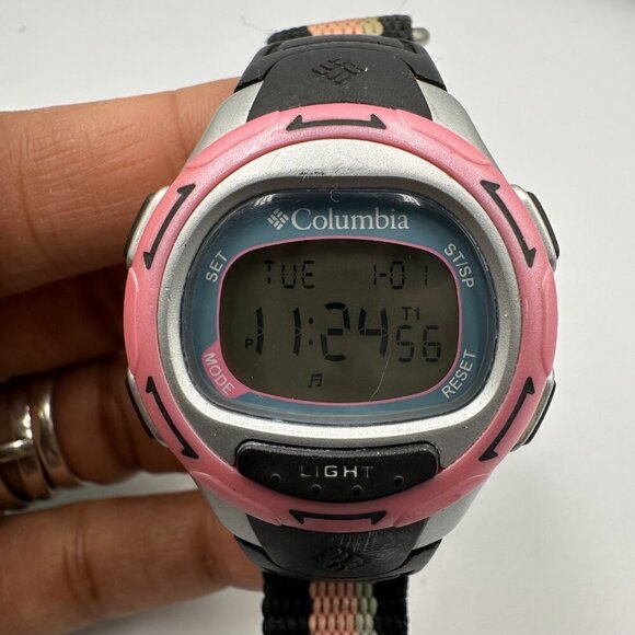 3/$30 Columbia Digital Watch Pink Black Nylon Strap Band Backlight Dial - Picture 1 of 13